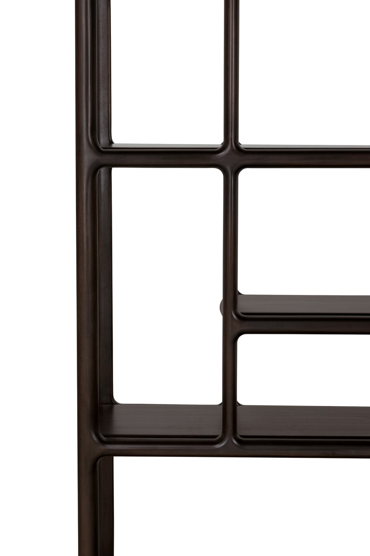 Close-up view of an Ethnicraft Eda Rack featuring a dark wood shelving unit with rounded, interconnected frame edges.