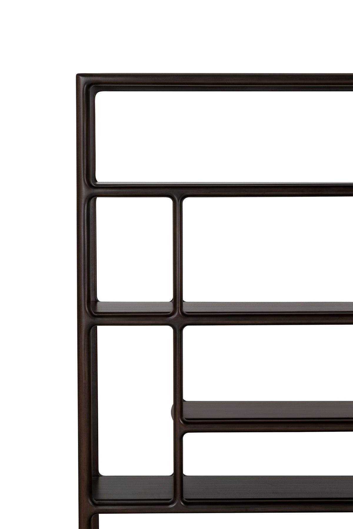 Dark wood Ethnicraft Eda rack with rounded edges and an asymmetrical grid of open compartments.