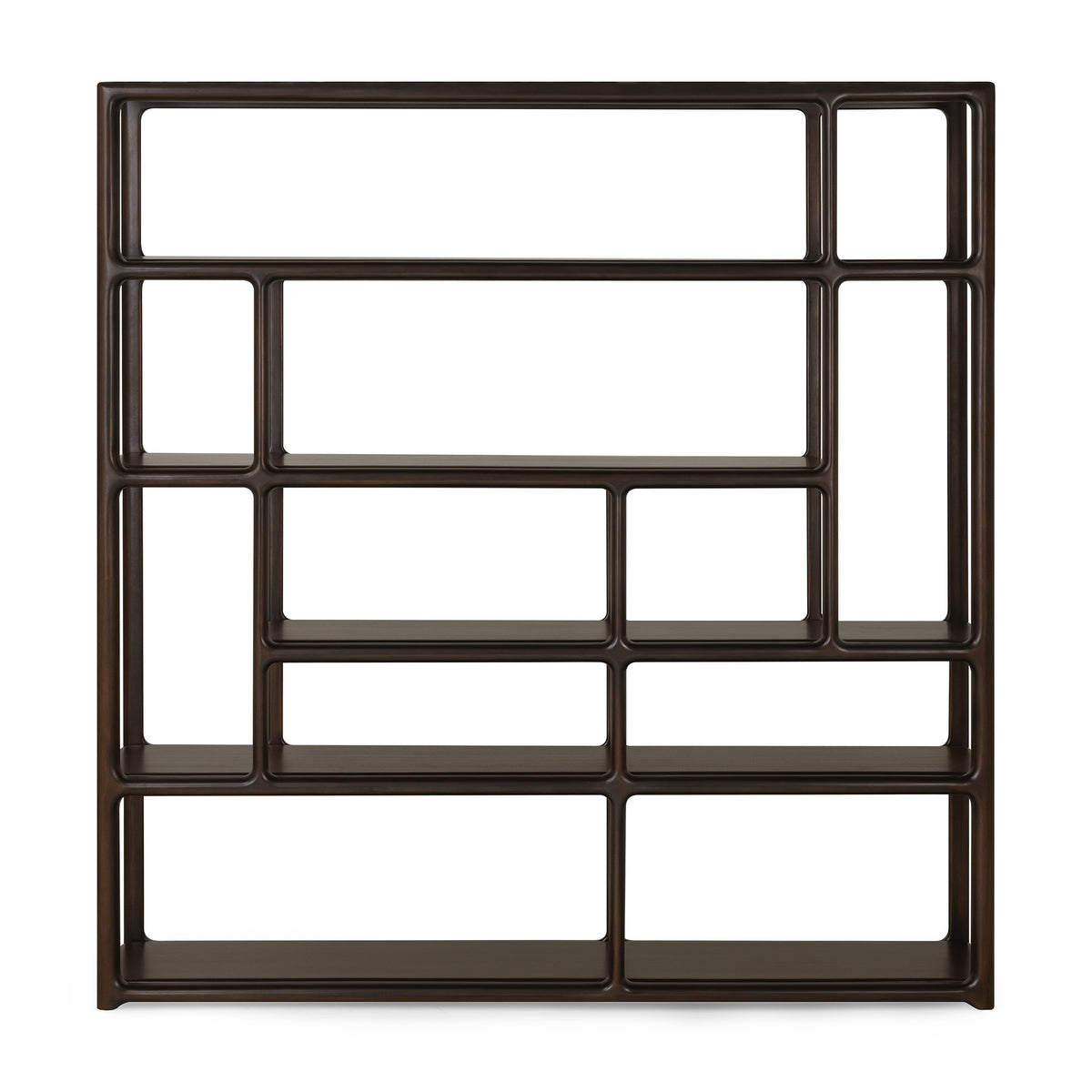 Ethnicraft Eda rack in dark wood, featuring a geometric, asymmetric grid of open compartments.