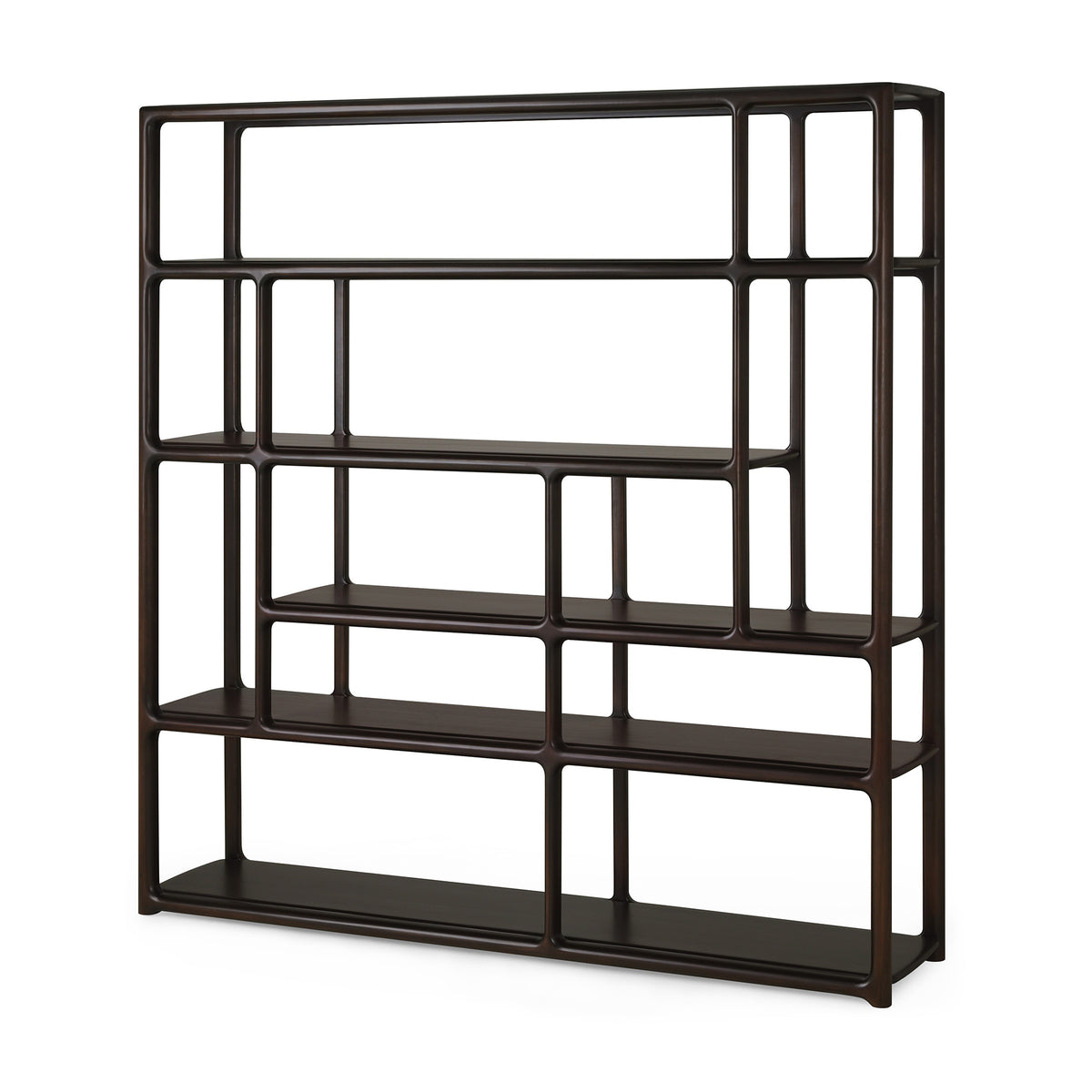 Dark brown Ethnicraft Eda Rack open-frame bookshelf with asymmetrical rectangular shelving compartments and mahogany storage rack styling.