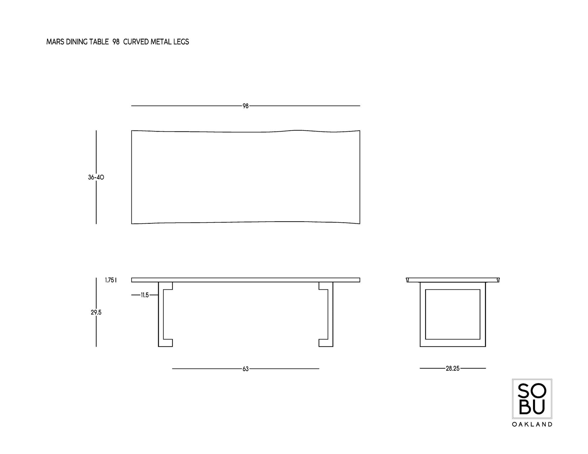 Technical drawing of the Mars Live Edge Dining Table - Walnut with Curved Leg, featuring top, side, and end views with measurements. SOBU logo appears in the bottom right corner.