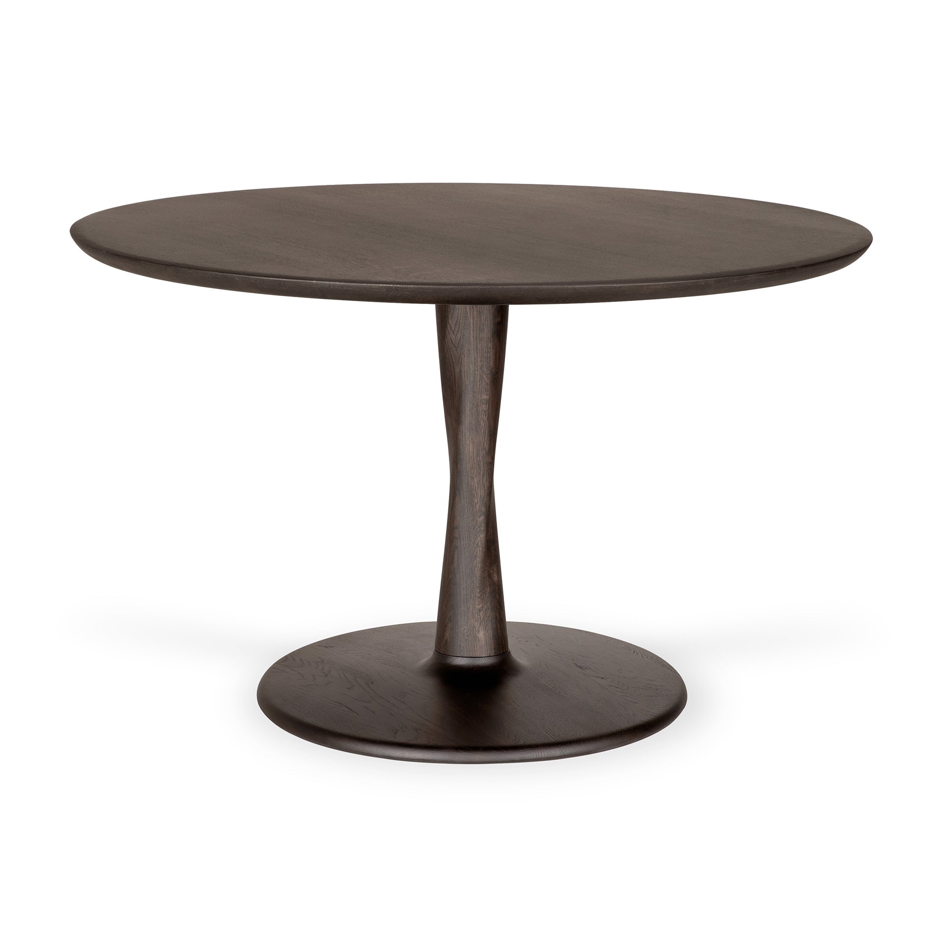 The Ethnicraft Torsion Dining Table - Oak Brown is a round, sculptural oak table with a curved pedestal base and flat circular bottom, showcased against a white background.