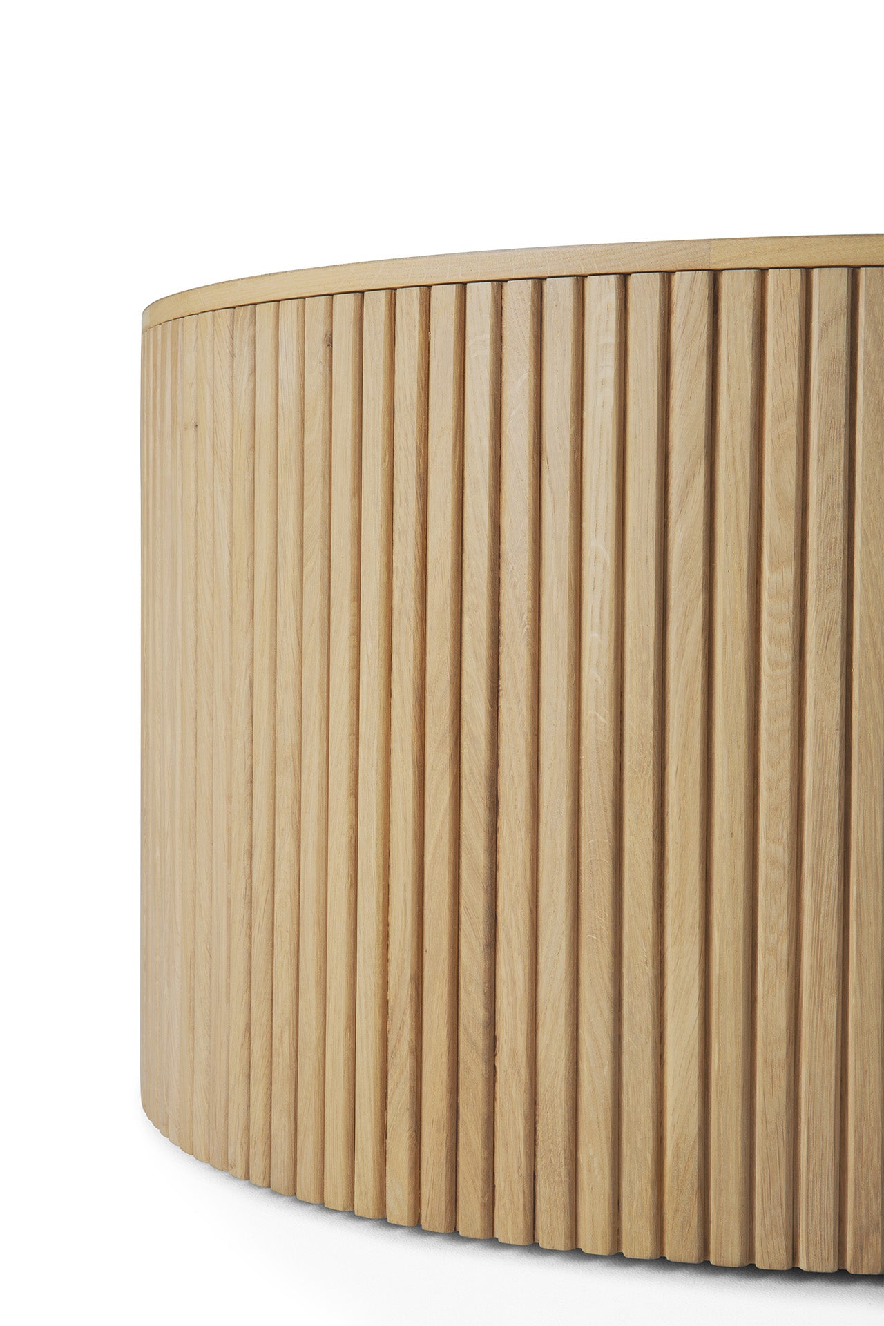 A close-up of the curved, light oak surface with evenly spaced vertical slats from the Ethnicraft Roller Max Coffee Table, shown against a plain white background.