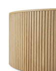 A close-up of the curved, light oak surface with evenly spaced vertical slats from the Ethnicraft Roller Max Coffee Table, shown against a plain white background.
