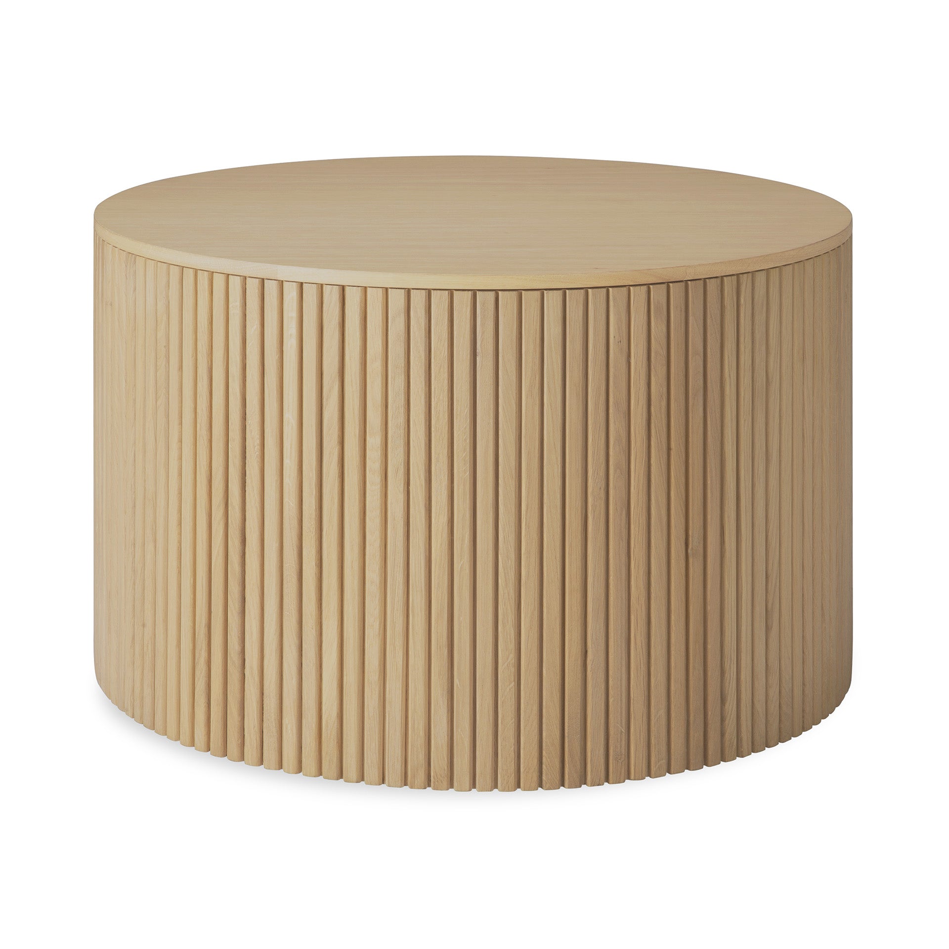 The Ethnicraft Roller Max Coffee Table - Oak features a round solid oak design with a smooth top, vertical slatted sides, and a light natural wood finish.