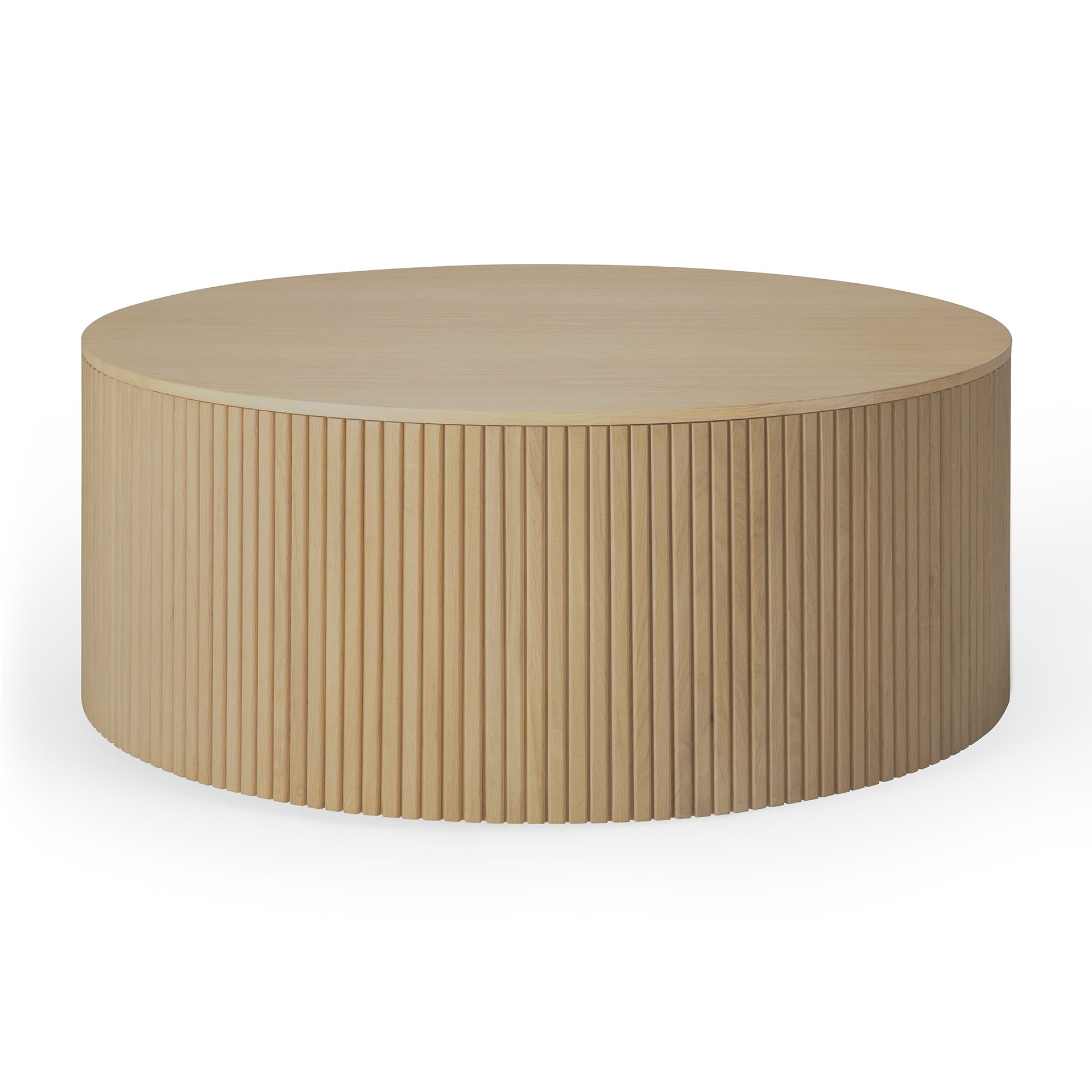 The Ethnicraft Roller Max Coffee Table - Oak is a round, solid oak piece featuring a smooth top and vertical slatted sides, shown against a white background.