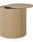 The Ethnicraft Roller Max Side Table - Oak features a round, solid oak design with vertical grooves, a removable flat top, and concealed interior storage—an elegant and functional addition to any space.