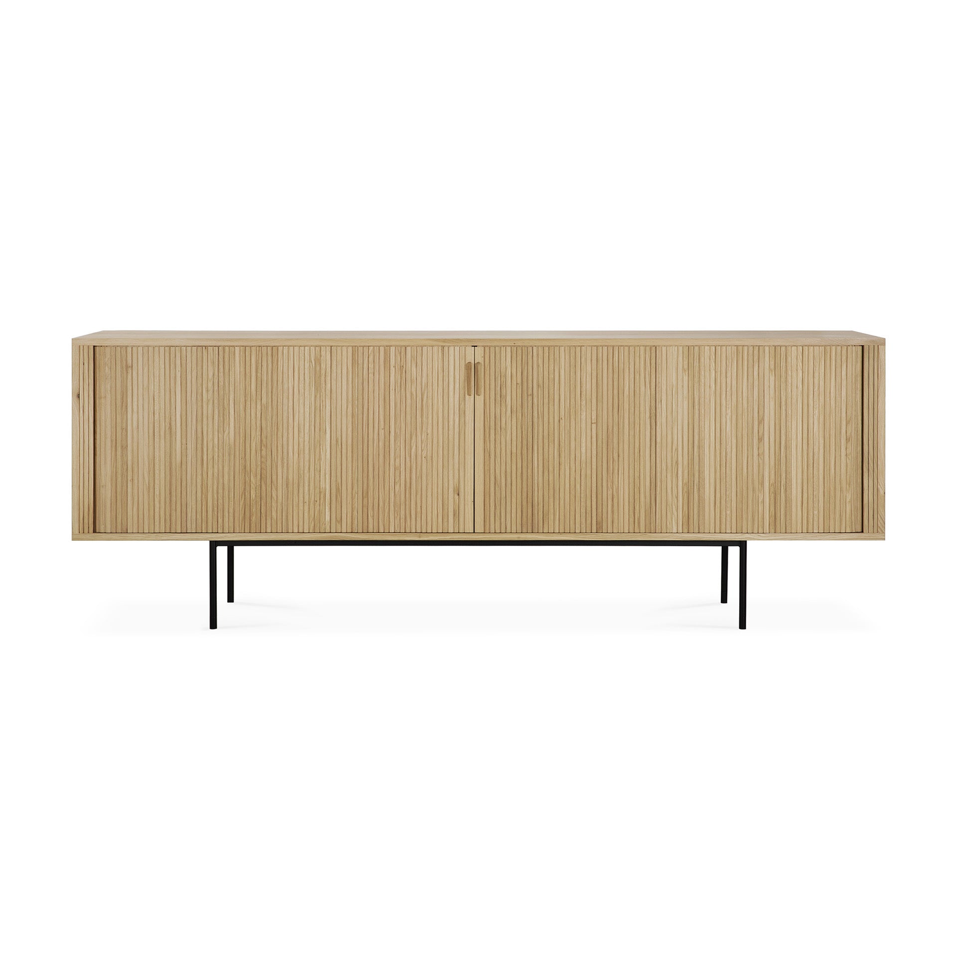 The Ethnicraft Roller Max Sideboard features a light wood finish, vertical slatted doors, discreet handle cutouts, and slim black metal legs for a modern, minimalist look.