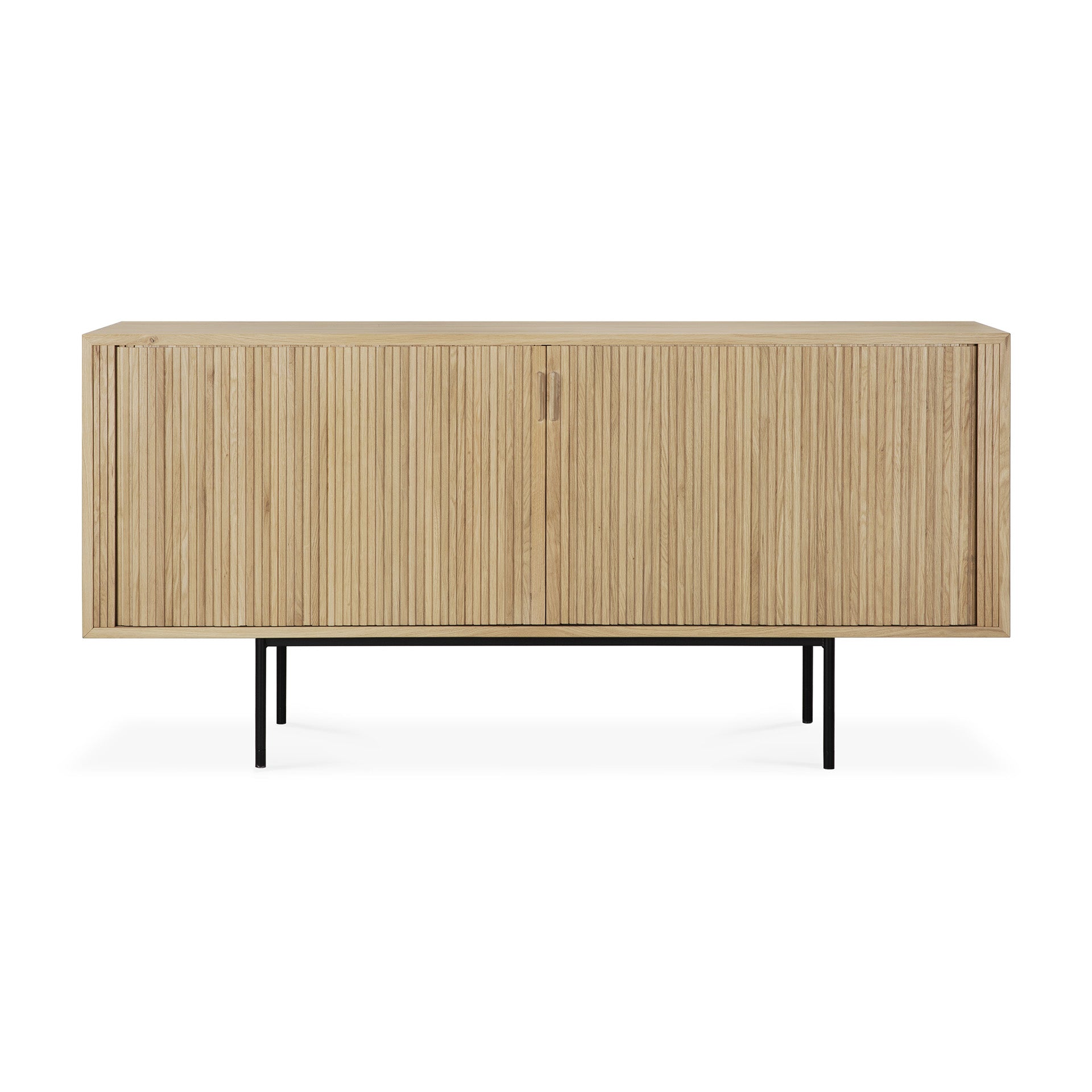 The Ethnicraft Roller Max Sideboard is a modern wooden design featuring vertical grooves, two cabinet doors, and slim black metal legs, showcased against a white background.