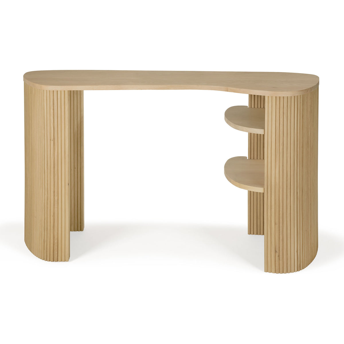 The Roller Max Desk | Oak by Ethnicraft features a modern design with rounded edges, vertical grooves on the legs, and two open shelves on the right side. Its light oak finish showcases contemporary style and reflects Ethnicraft’s signature craftsmanship.