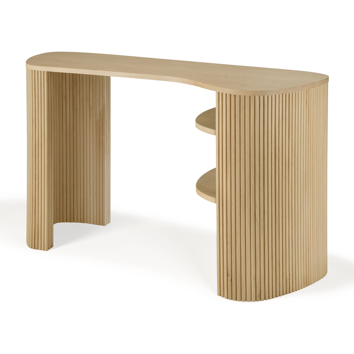 A contemporary oak desk from Ethnicraft, the Roller Max Desk features an elegantly curved top and distinctive vertical slats on the sides, along with two integrated shelves on the right. Its light, natural finish offers a striking contrast to traditional mahogany desks.