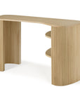 A contemporary oak desk from Ethnicraft, the Roller Max Desk features an elegantly curved top and distinctive vertical slats on the sides, along with two integrated shelves on the right. Its light, natural finish offers a striking contrast to traditional mahogany desks.