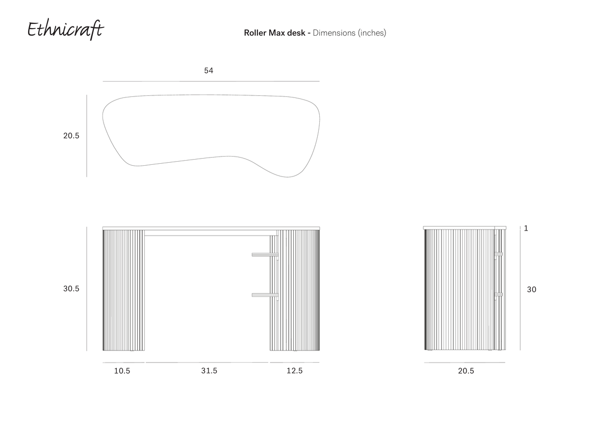 Technical drawing of the Ethnicraft Roller Max Desk | Oak, with measurements in inches: 54 x 20.5 top, 30.5 height, and side lengths of 10.5, 31.5, and 12.5.