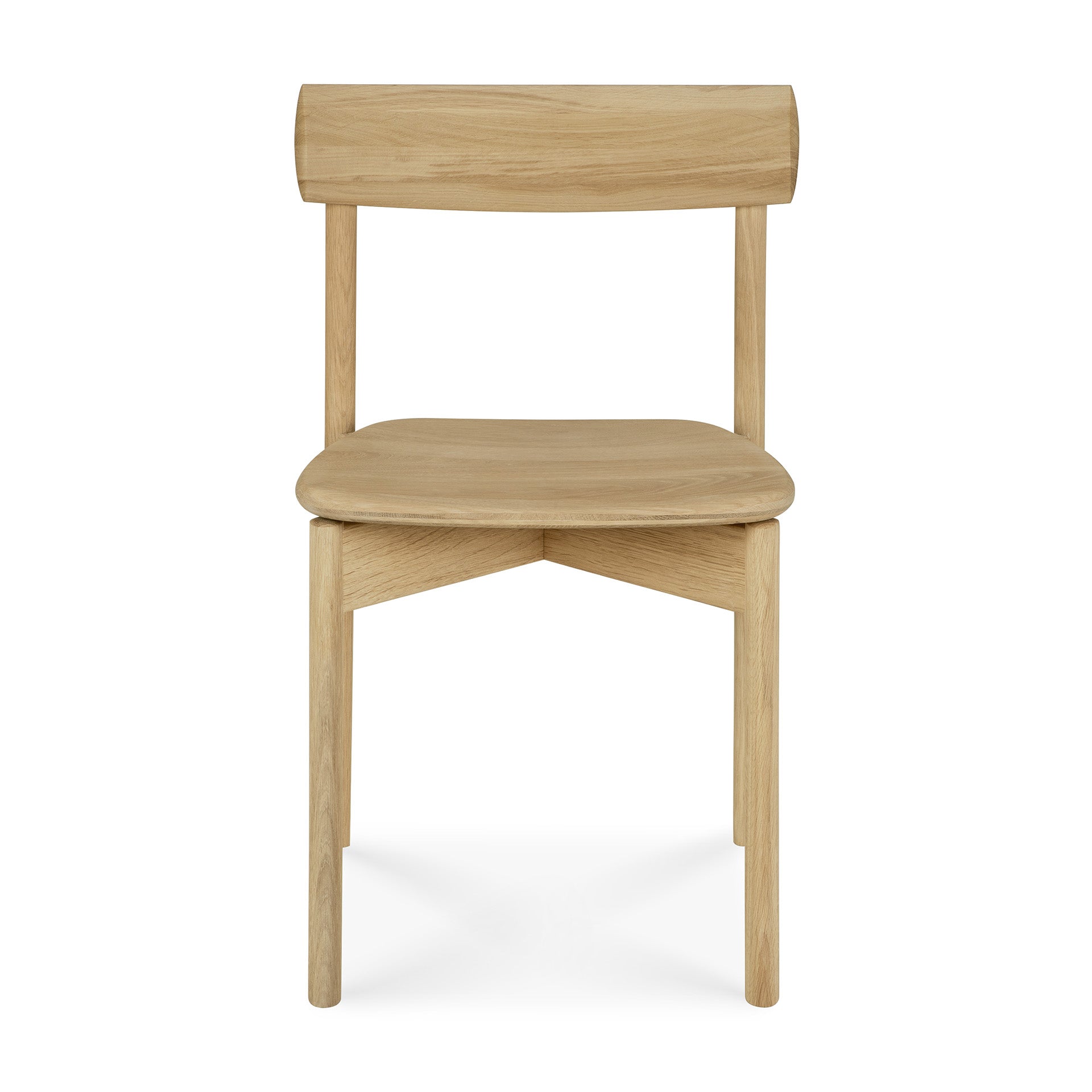 The Risu Dining Chair by Ethnicraft features a minimalist, modern design with a solid oak frame, curved ergonomic backrest, and flat seat. Shown from the front against a white background.