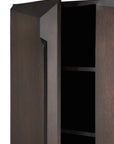 A close-up of the Ethnicraft Stairs cupboard in Oak Brown shows its door open to reveal two adjustable shelves, highlighting its modern, angular design with sharp edges and a smooth matte finish.