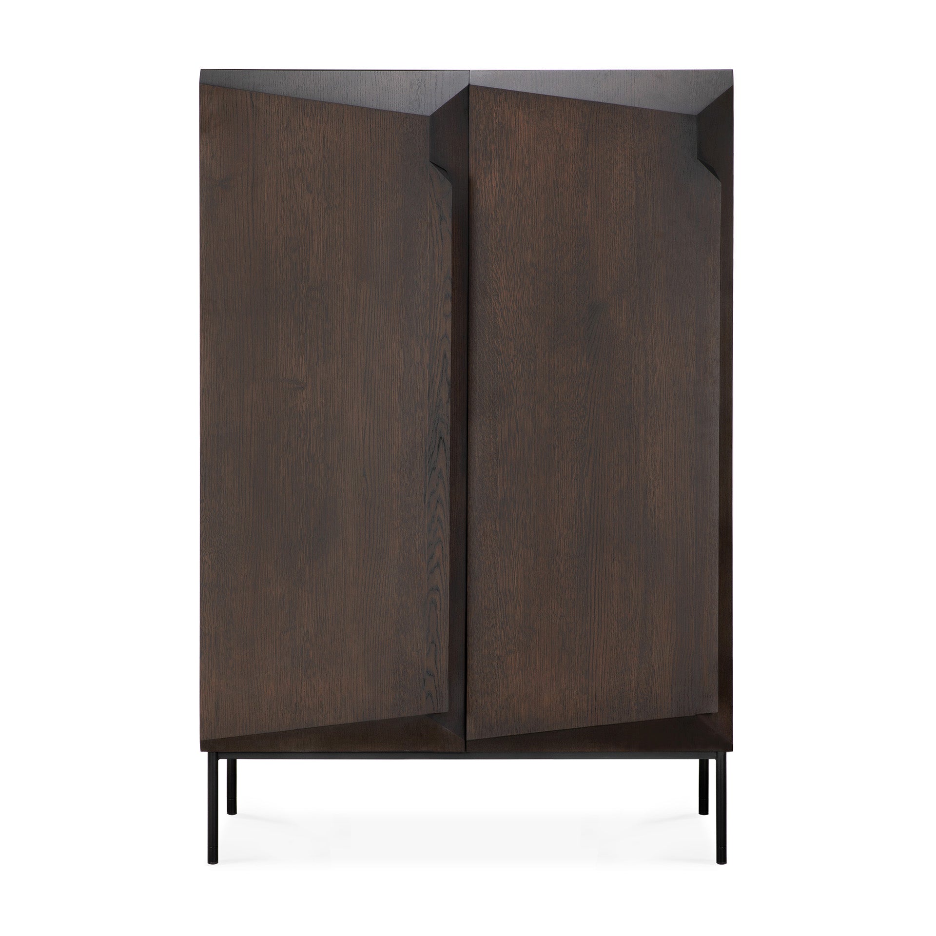 The Ethnicraft Stairs cupboard - Oak Brown features a modern design with dark solid oak, two large push-to-open doors, geometric angled edges, minimal black metal legs, adjustable shelves, and a sleek look against a plain white background.