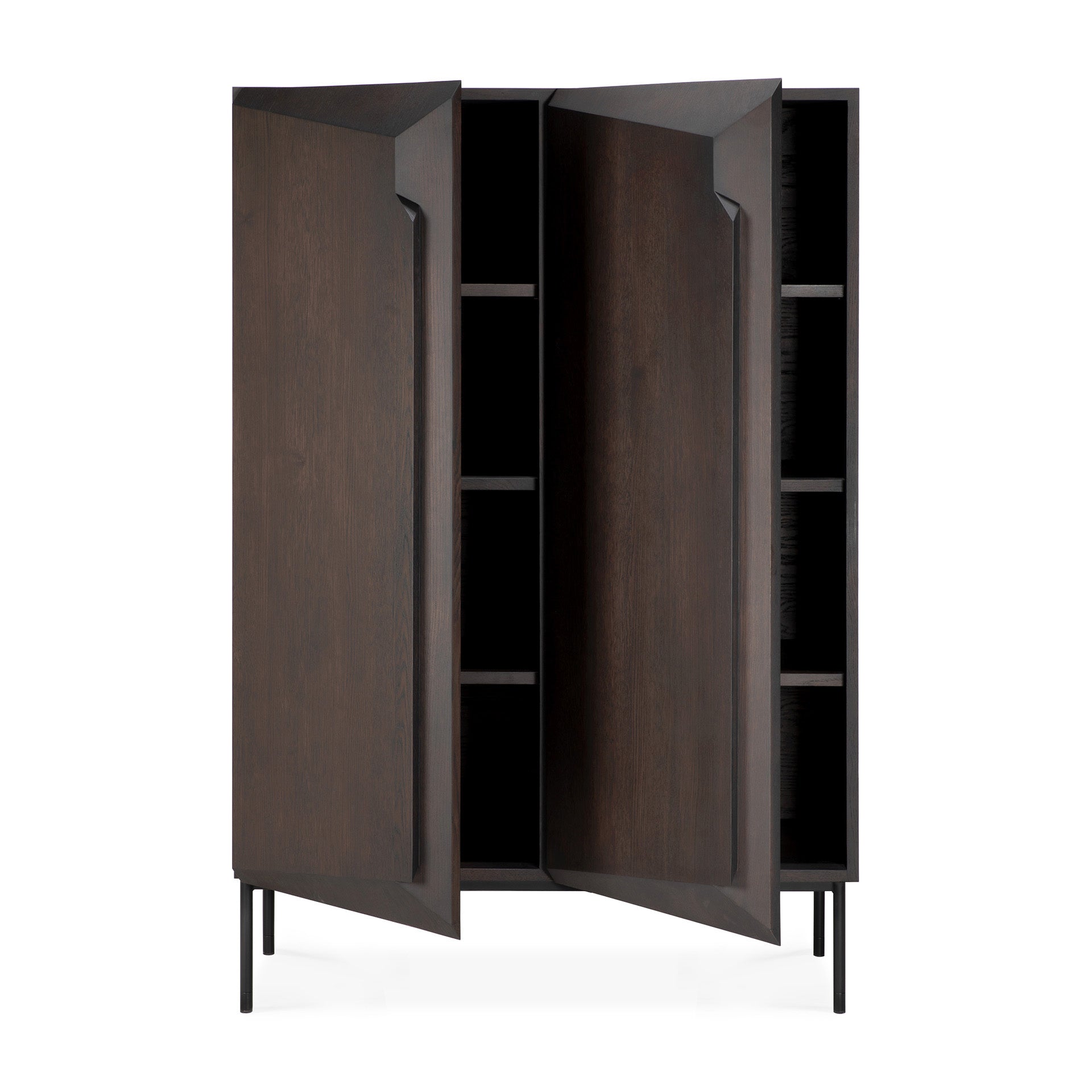The Ethnicraft Stairs cupboard - Oak Brown features a modern, geometric design in dark solid oak with push-to-open doors, interior shelves, and stands on four slim black metal legs.