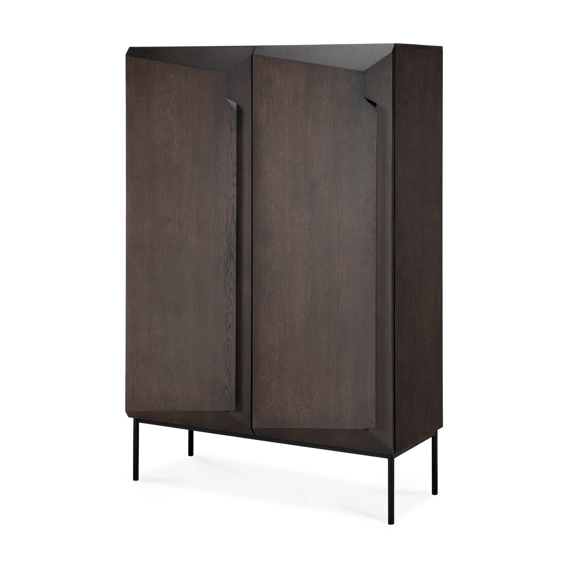 The Ethnicraft Stairs cupboard in Oak Brown features a modern design with solid oak, push-to-open doors, and minimalist black metal legs, displayed against a white background.