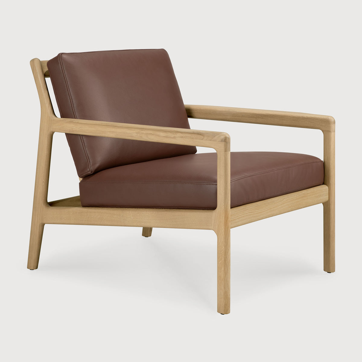 Ethnicraft Jack Lounge Chair - Burgundy Leather featuring a solid oak frame and burgundy leather seat and back cushions.