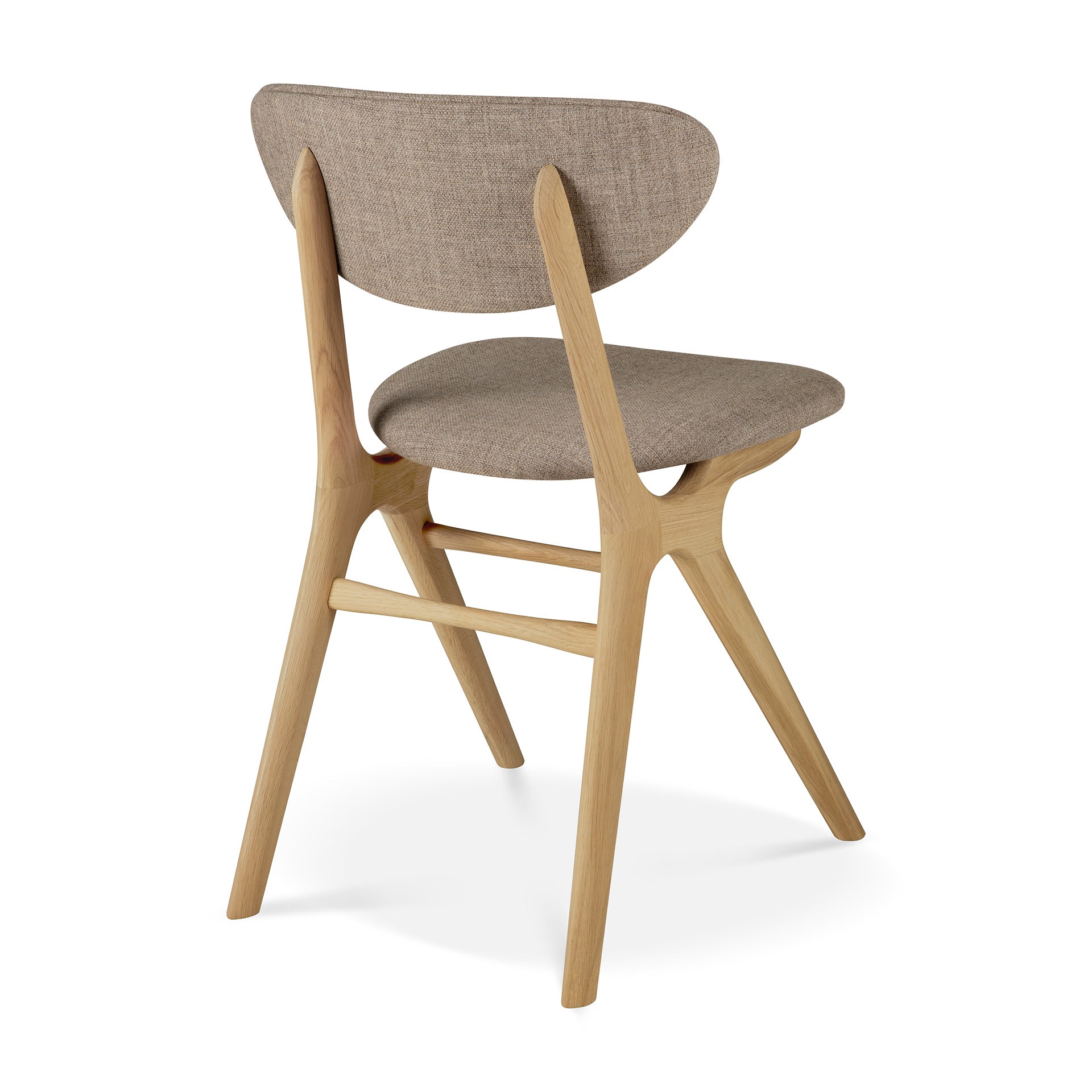 The Ethnicraft Eye Dining Chair features solid European oak legs and frame, a curved backrest, and a padded seat in warm grey fabric. Shown from the back-side angle on a white background.