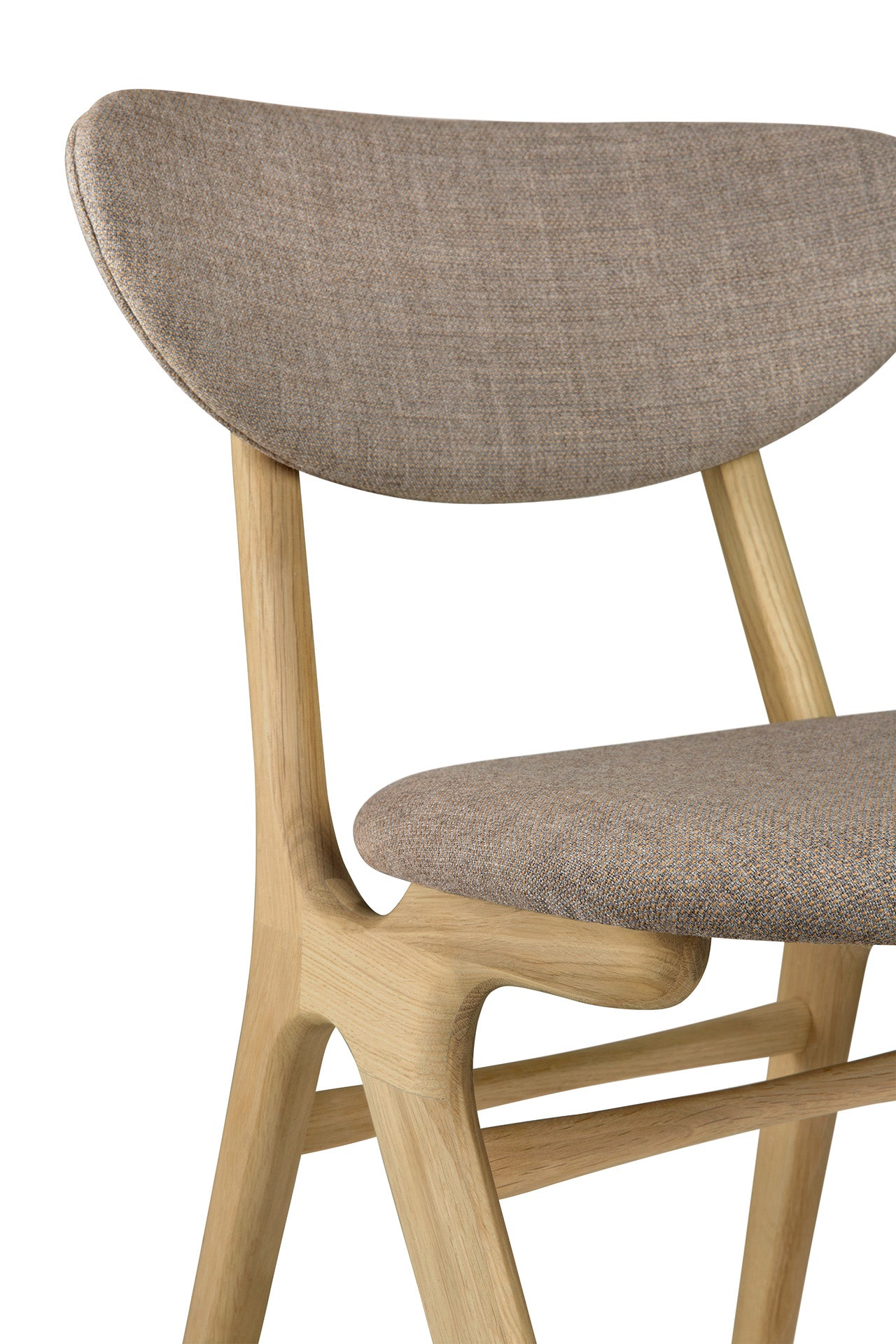 The Ethnicraft Eye Dining Chair features solid European oak with a light natural finish, curved legs and backrest, and a seat upholstered in warm grey fabric—modern style perfect for your dining space.