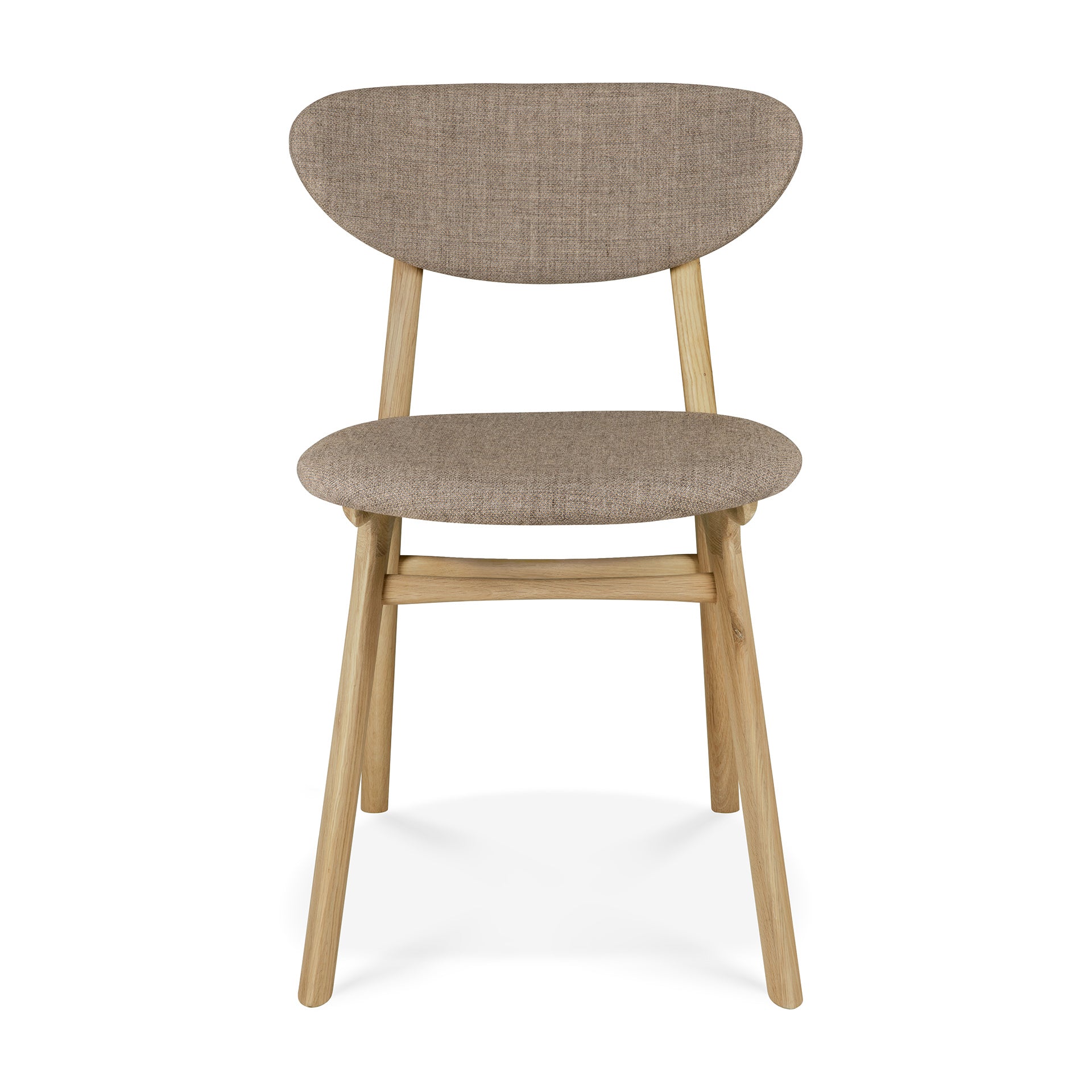 The Ethnicraft Eye Dining Chair features solid oak legs and frame, a rounded upholstered backrest, and a cushioned seat in warm grey fabric.