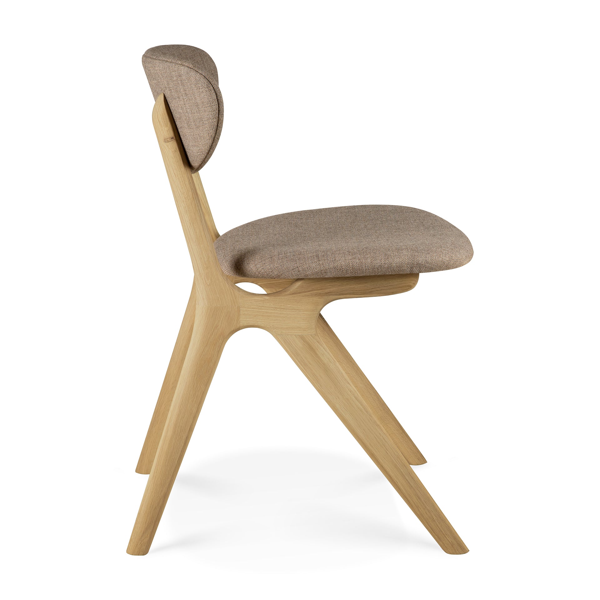 The Eye Dining Chair by Ethnicraft features a solid oak frame, angled legs, and warm grey fabric upholstery on the seat and backrest. Shown in side view against a white background.