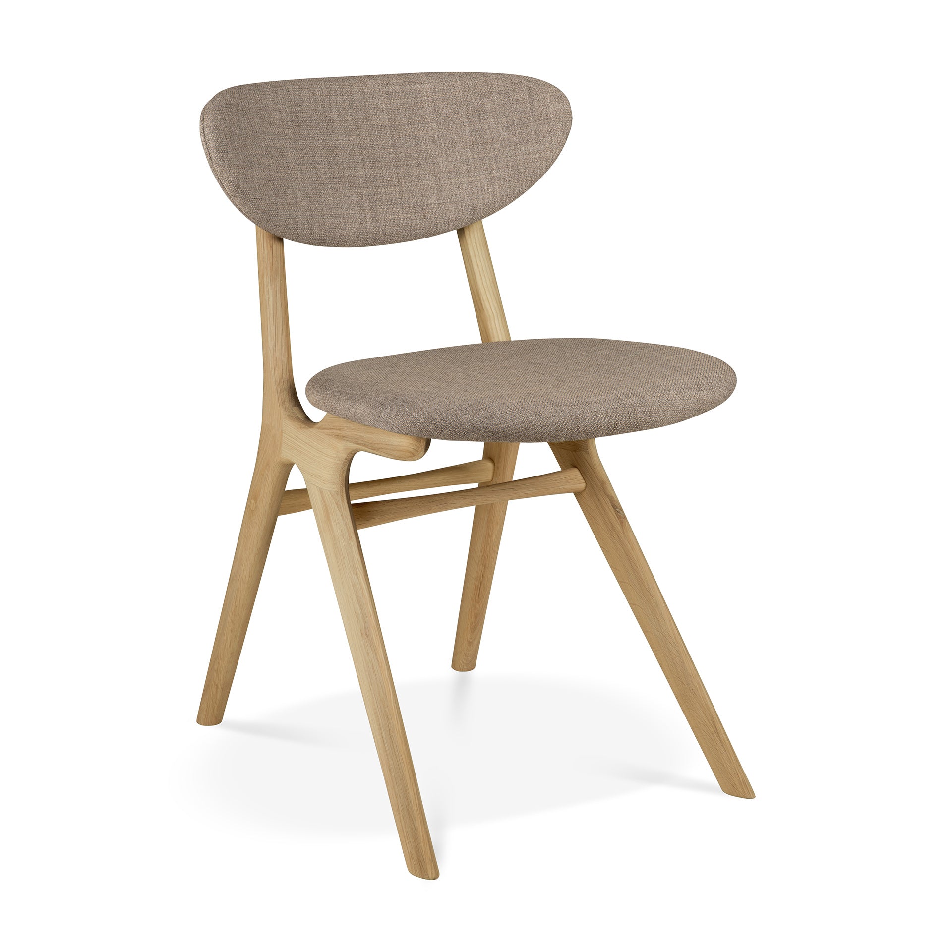 The Ethnicraft Eye Dining Chair features solid European oak, angled legs, and a modern minimalist design, with a warm grey fabric-upholstered seat and backrest.