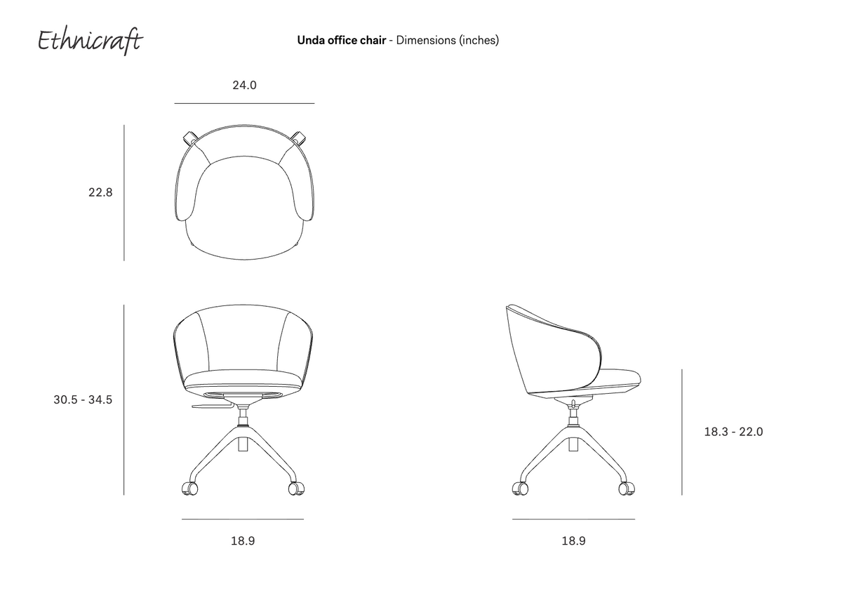 Technical line drawing showing top, front, and side views of the Unda Office Chair with height, width, and depth measurements in inches.