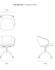 Technical line drawing showing top, front, and side views of the Unda Office Chair with height, width, and depth measurements in inches.