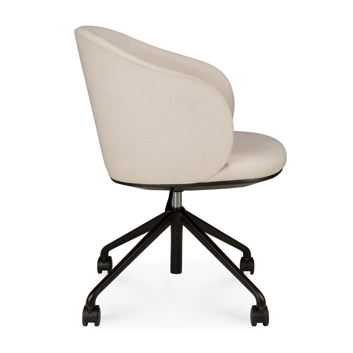 Side view of an Ethnicraft Unda Office Chair upholstered in light beige with a curved back and a black five-legged base on casters.