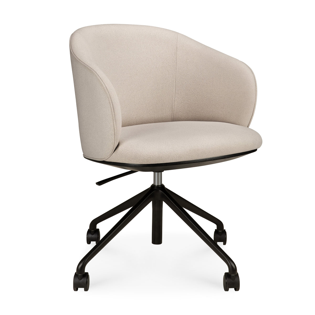 Ethnicraft Unda Office Chair with a rounded backrest, ergonomic seating, black swivel base, and casters.