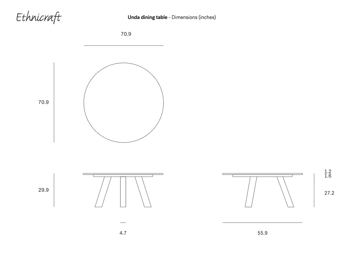 Technical line drawing showing the top, front, and side profile dimensions in inches for an Ethnicraft Unda Dining Table.
