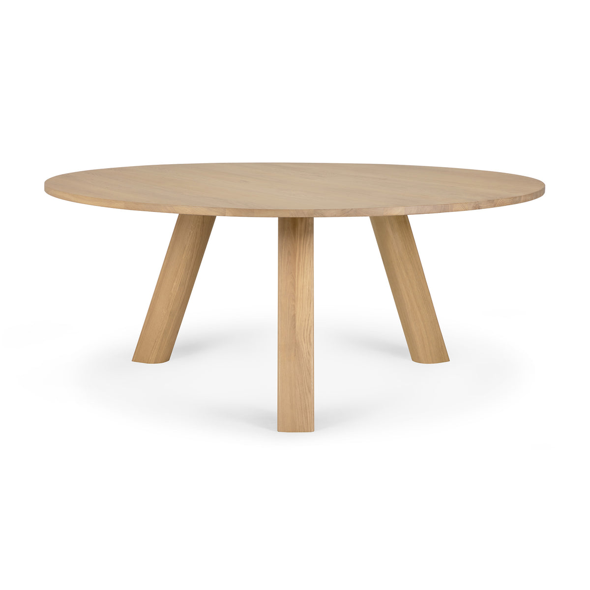Round Unda Dining Table by Ethnicraft in solid oak with three thick, angled legs.