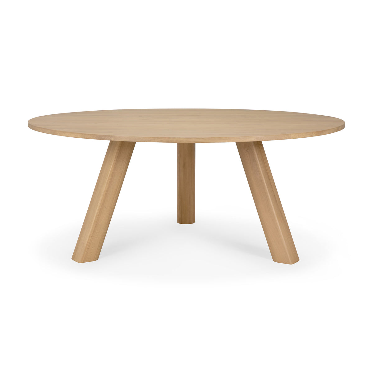 Round solid oak Unda Dining Table by Ethnicraft, featuring three thick, angled legs.
