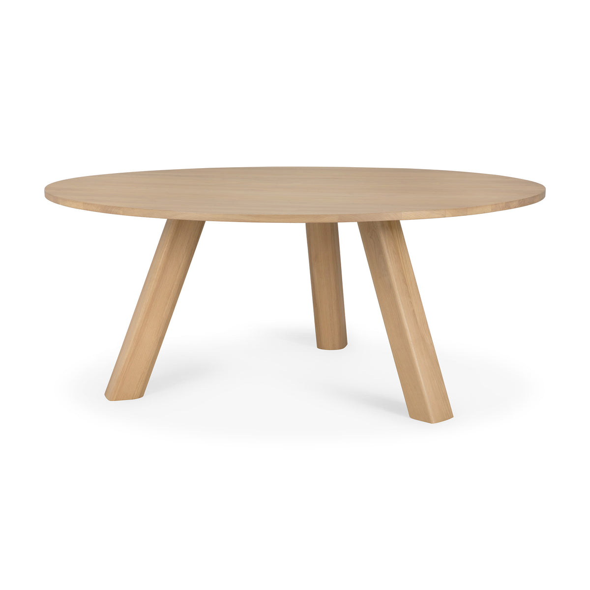 Round solid oak Unda dining table by Ethnicraft, featuring three thick, angled legs.