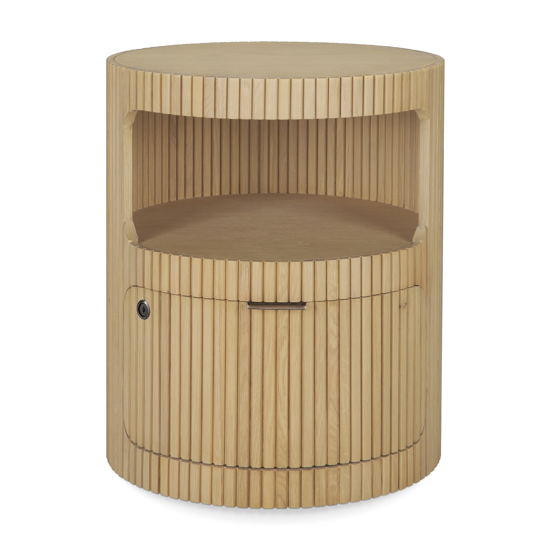 The Ethnicraft Boomerang Drawer Unit - Oak features a round, solid oak design with vertical grooves, an open shelf, and a lower cabinet with handle and lock—reflecting modern minimalism.