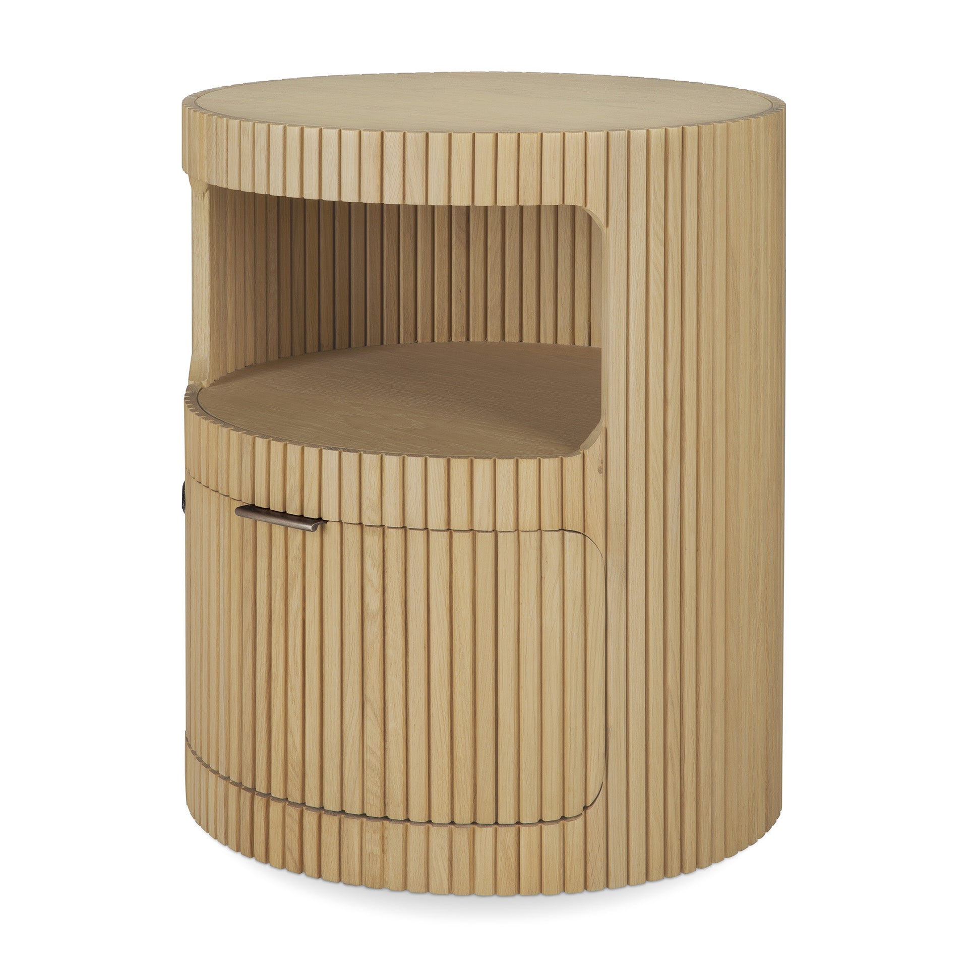 The Boomerang Drawer Unit - Oak by Ethnicraft is a round, light solid oak nightstand featuring vertical grooves, an open middle shelf, and a lower cabinet door with a small black handle.