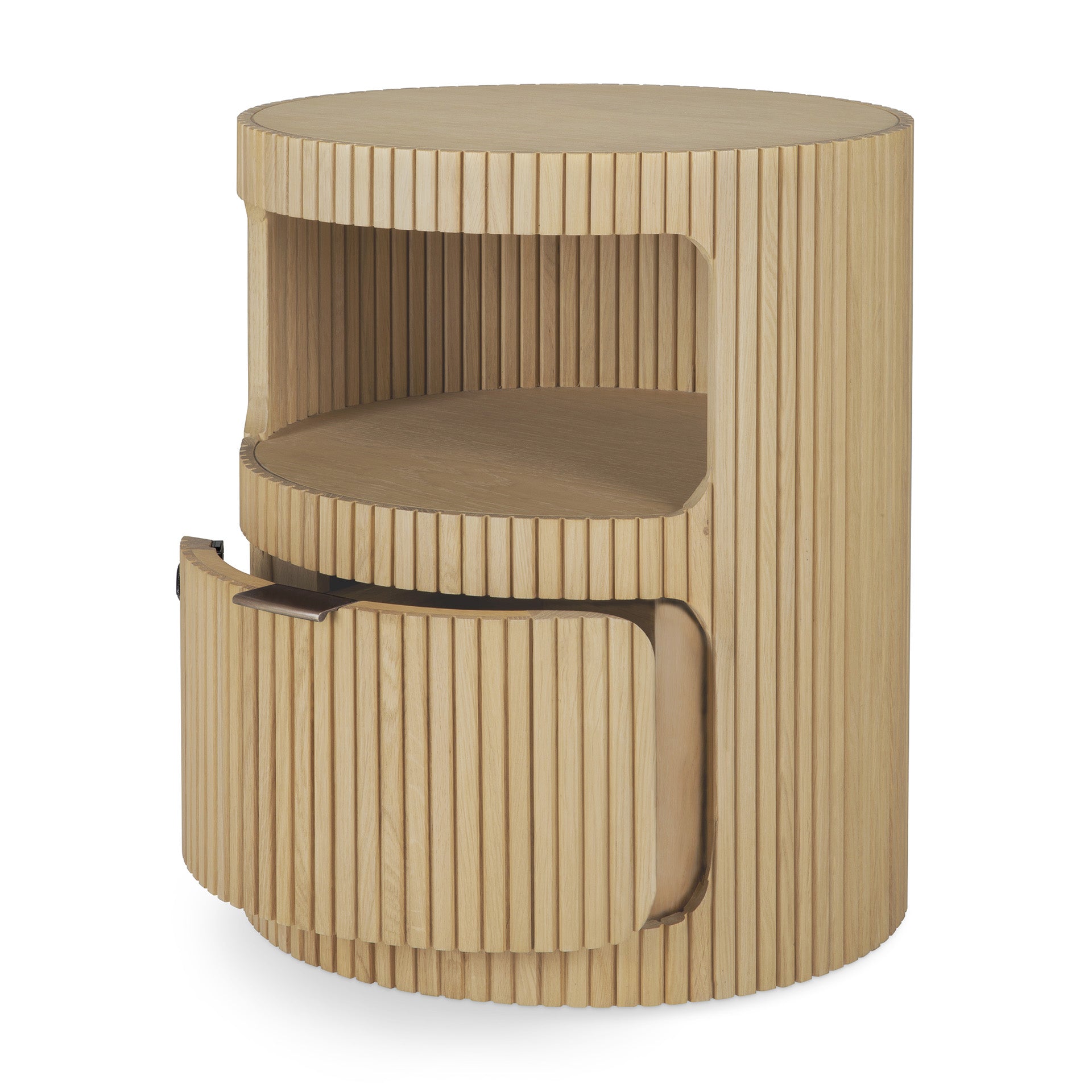 The Boomerang Drawer Unit - Oak by Ethnicraft features vertical grooves, an open upper shelf, and a curved lower drawer. Crafted from solid oak in a light finish, it offers modern minimalist style for your space.