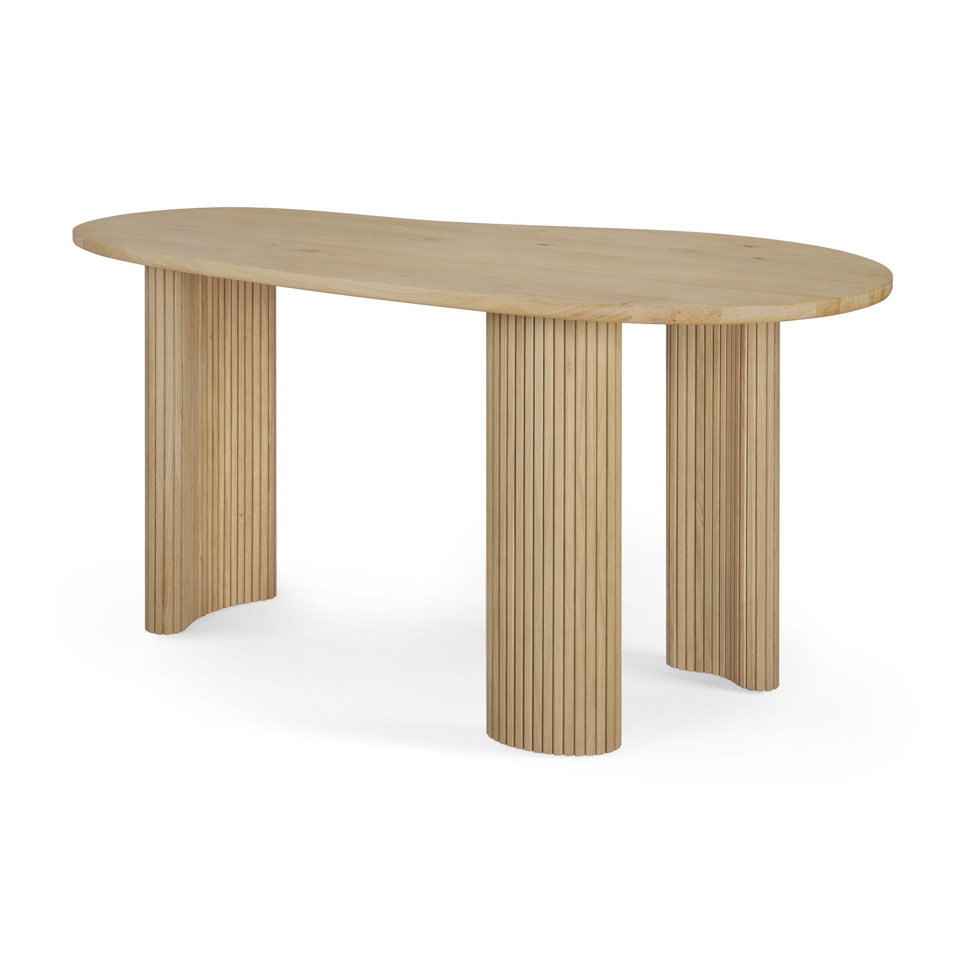 The Ethnicraft Boomerang Desk - Oak features a modern, light solid oak build with an irregular oval top and three cylindrical fluted legs, reflecting minimalist, contemporary elegance.