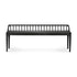 The Ethnicraft Spindle Bench - Black Oak features a slatted backrest and slim tapered legs in European oak, shown front-facing against a white background.