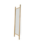 The Ethnicraft PI Floor Mirror - Oak features a tall, rectangular design with a solid oak frame and two vertical legs. Its polished, imperfect finish highlights the mirror’s minimalist and modern aesthetic.