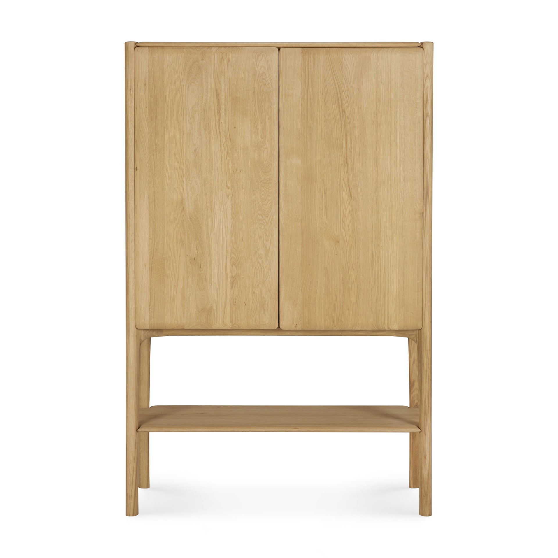The Ethnicraft PI Cupboard - Oak is a tall, light wood cupboard with two doors, a minimalist design, an open lower shelf, and four legs, shown against a plain white background.