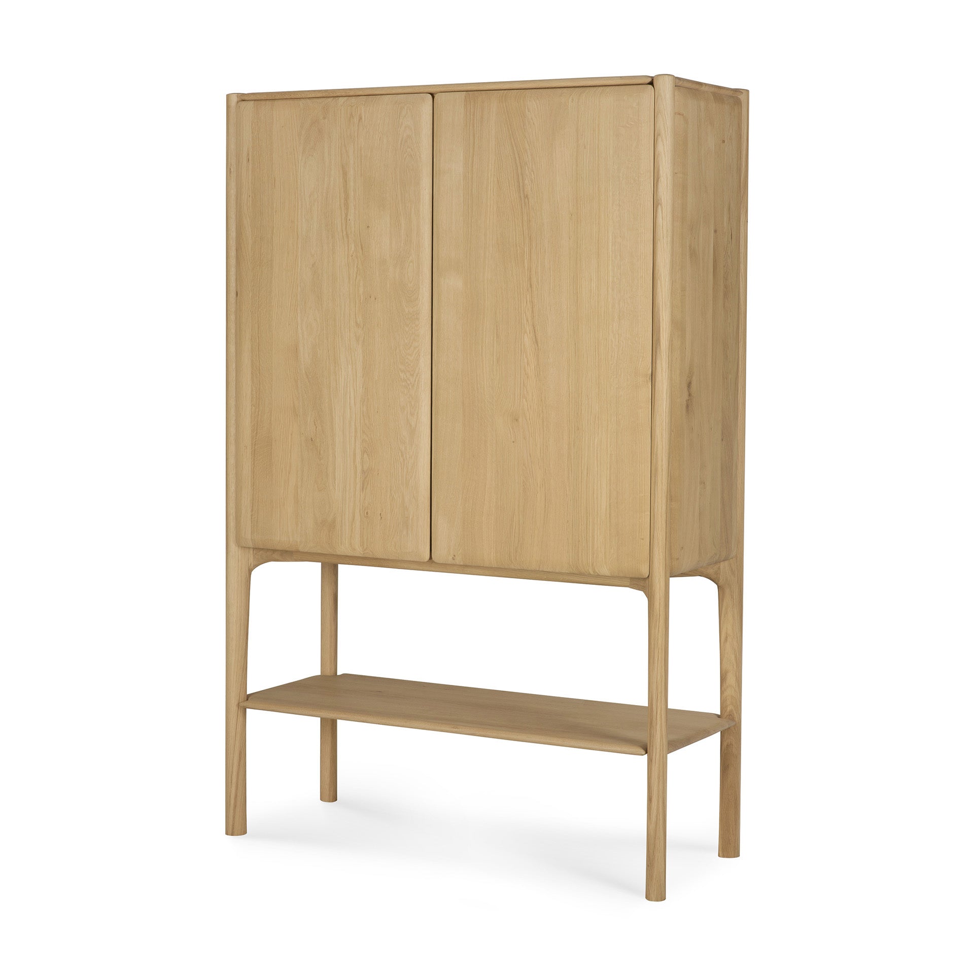 The Ethnicraft PI Cupboard - Oak is a tall, minimalist cabinet crafted from solid oak, featuring two doors, an open lower shelf, and four legs—a modern storage solution for any space.