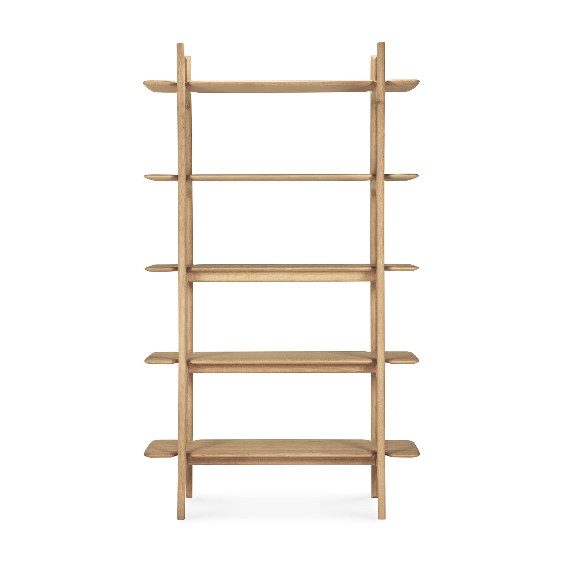 The Ethnicraft PI Rack - Oak is a tall, solid oak bookshelf with five evenly spaced shelves and rounded edges. Its minimalist design brings warmth and elegance to any space, showcased here on a white background.