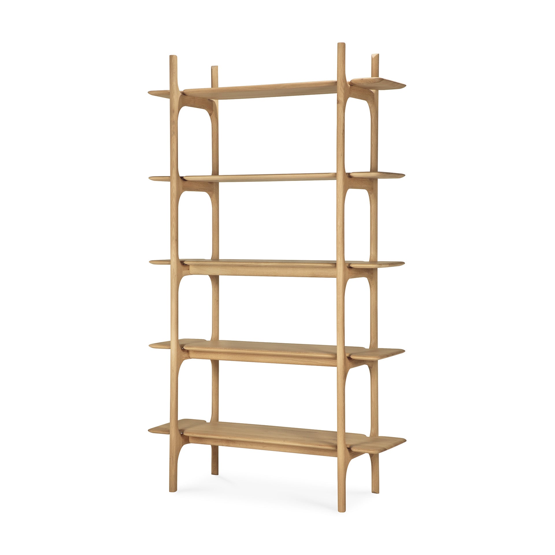 The Ethnicraft PI Rack - Oak is a tall, freestanding solid oak bookshelf with five open shelves, rounded edges, and a smooth natural finish, showcasing a modern minimalist design inspired by Ethnicraft's signature style.