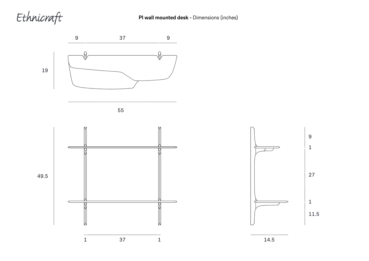 Technical line drawing showing the top, front, and side views of an Ethnicraft PI Wall Mounted Desk, with dimensions labeled in inches.
