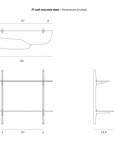 Technical line drawing showing the top, front, and side views of an Ethnicraft PI Wall Mounted Desk, with dimensions labeled in inches.