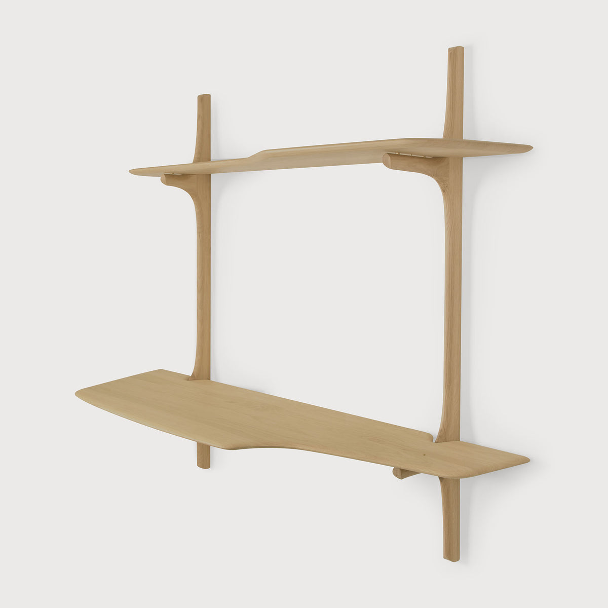 Ethnicraft PI Wall Mounted Desk featuring two staggered solid oak shelves supported by two vertical rails.