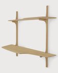 Ethnicraft PI Wall Mounted Desk featuring two staggered solid oak shelves supported by two vertical rails.